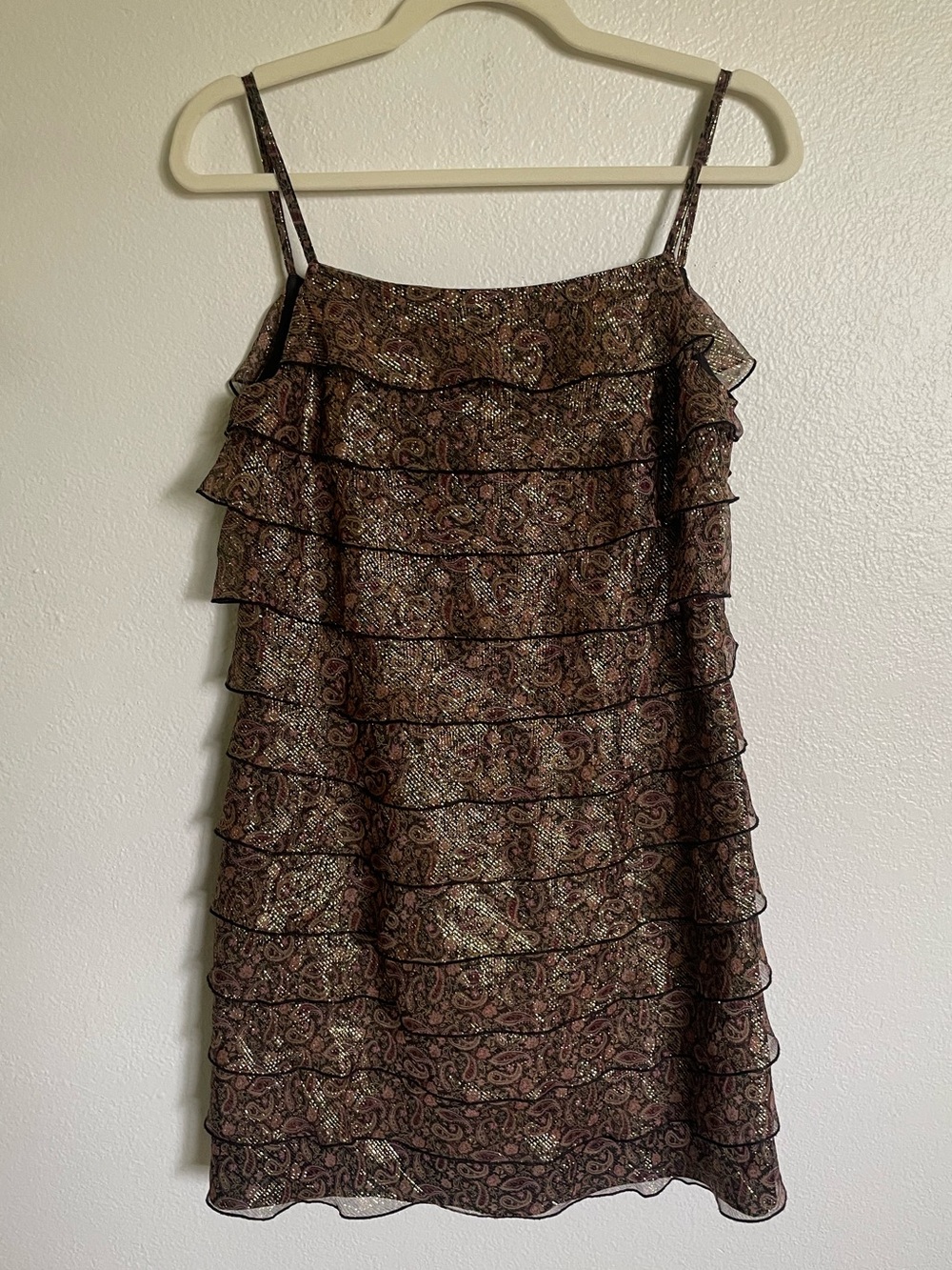 Vintage Adrianna Silk Metallic Gold Paisley Ruffle Dress 8